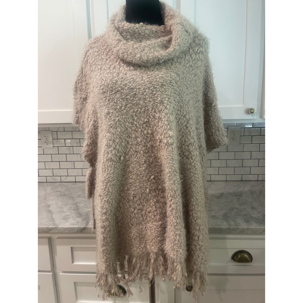 A'reve Poncho Women M/L Tan Cowl Neck Fringed Popcorn Knit Eyelash ATA5168-F5P2